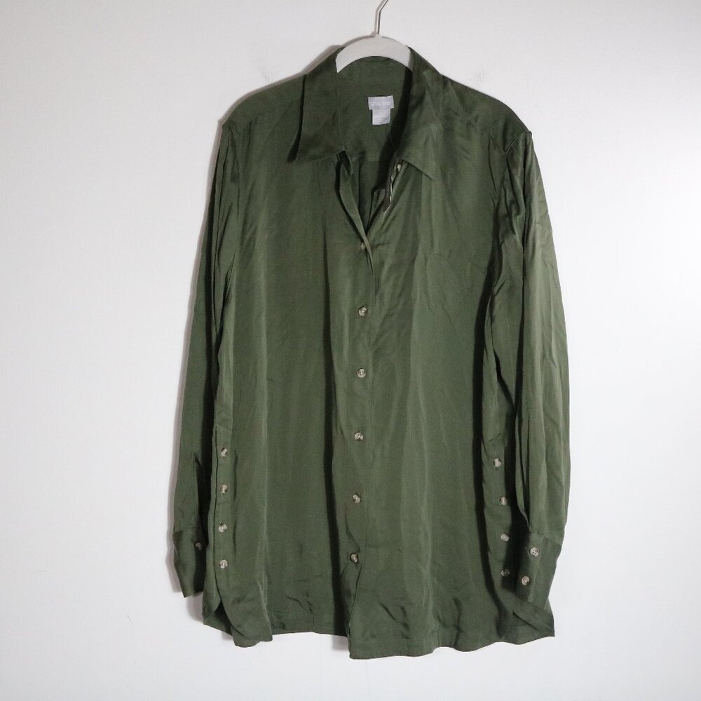 Chicos Sandwash Satin Solid Shirt Women 3 XL Olive Green Button Down Flowy Tunic